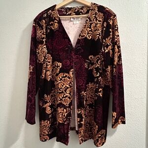 Maggie Sweet Womens‎ Velvet Floral Kimono Jacket Burgundy Gold Medium